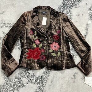 JON Velvet Blazer Jacket NWT Womens Size 10 Brown Floral Embroidered Boho